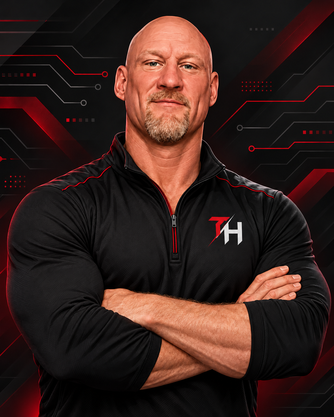 Travis Holzem wearing a black quarter-zip with the TH logo.