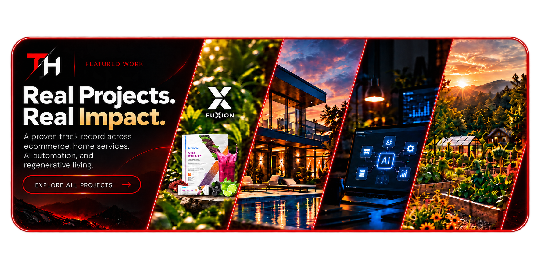 Featured work across ecommerce, AI automation, home services and regenerative design.